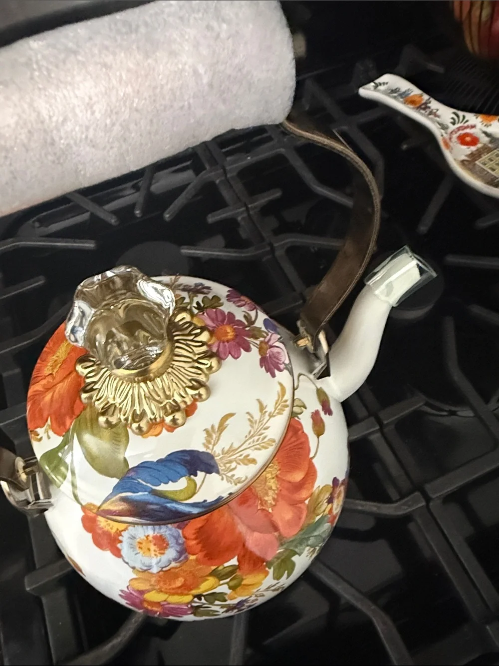 McKenzie Childs Floral Enamel Tea Kettle - White with Multicolor Flowers